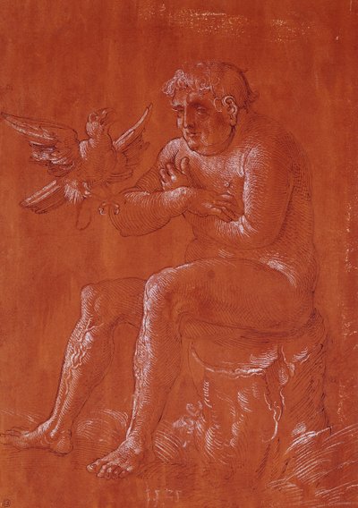 Nude Man Sitting on a Tree Trunk Listening to a Parrot by Hans Baldung Grien